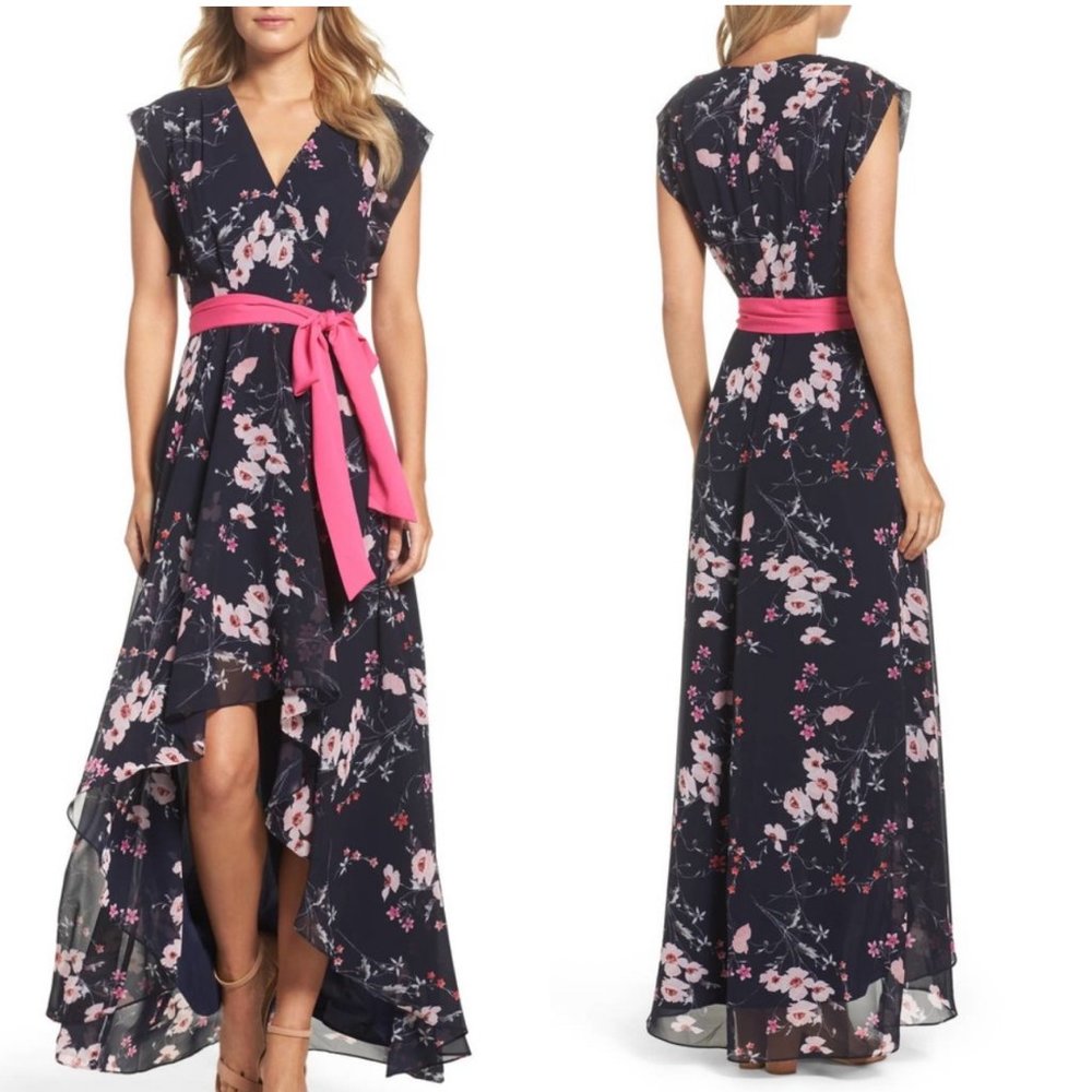 Eliza J Hi-Low Faux Wrap Belted Floral Navy Pink Maxi Dress | 2